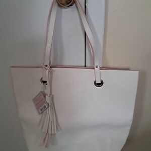 Ralph Lauren White Tote with Light Pink Trim and Tassel Pebbled